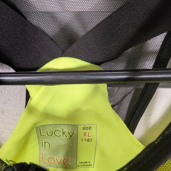 Lucky in Love Women's XL Built in Bra Tank Top Neon Yellow Tennis Mesh Zip black - Picture 6 of 10
